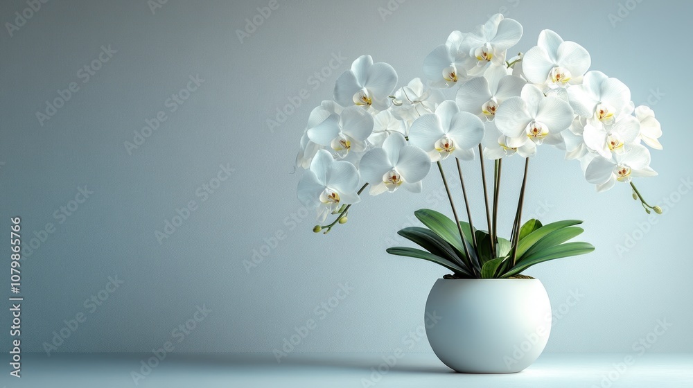 Elegant white orchids in a minimalist pot against a soft backdrop. Elegant white orchids in a minimalist pot against a soft backdrop.