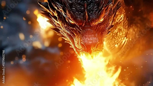 masterpiece digital artwork, a vicious golden dragon breathing fire, fantasy, , close up video