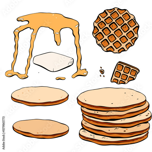 Set of Pancakes and Waffles, topped with Syrup and Butter, ideal for breakfast or brunch. Vector 