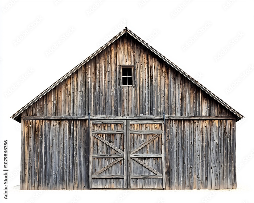Naklejka premium Rustic Weathered Wooden Barn with Gabled Roof and Large Doors on White Background