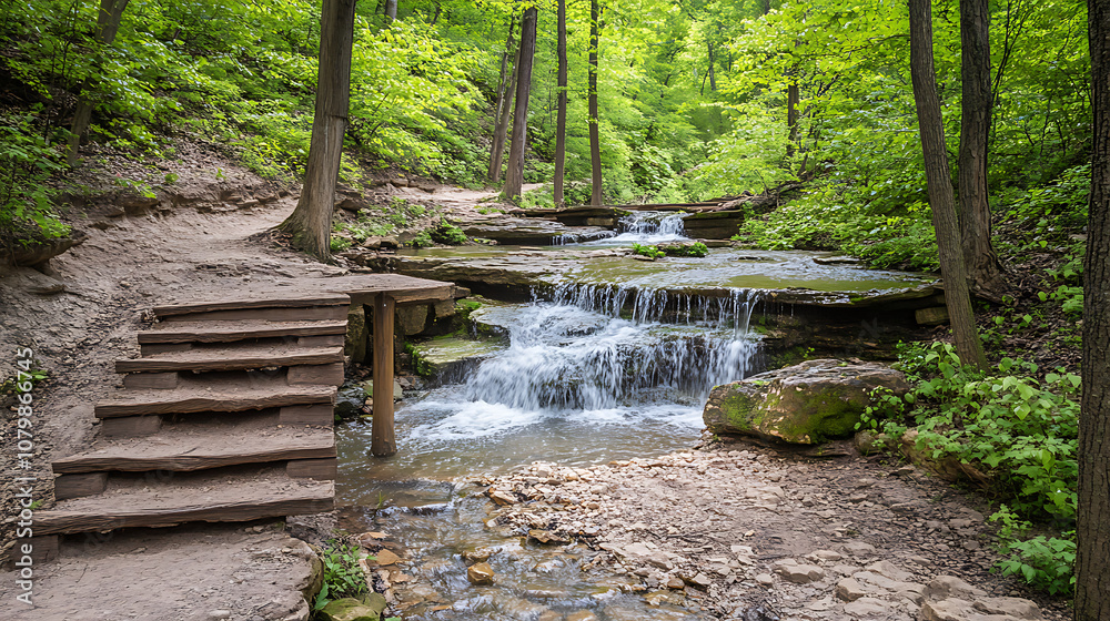 Obraz premium A family-friendly hiking trail leading to a series of small waterfalls, with informational signs along the path to educate visitors about the area 