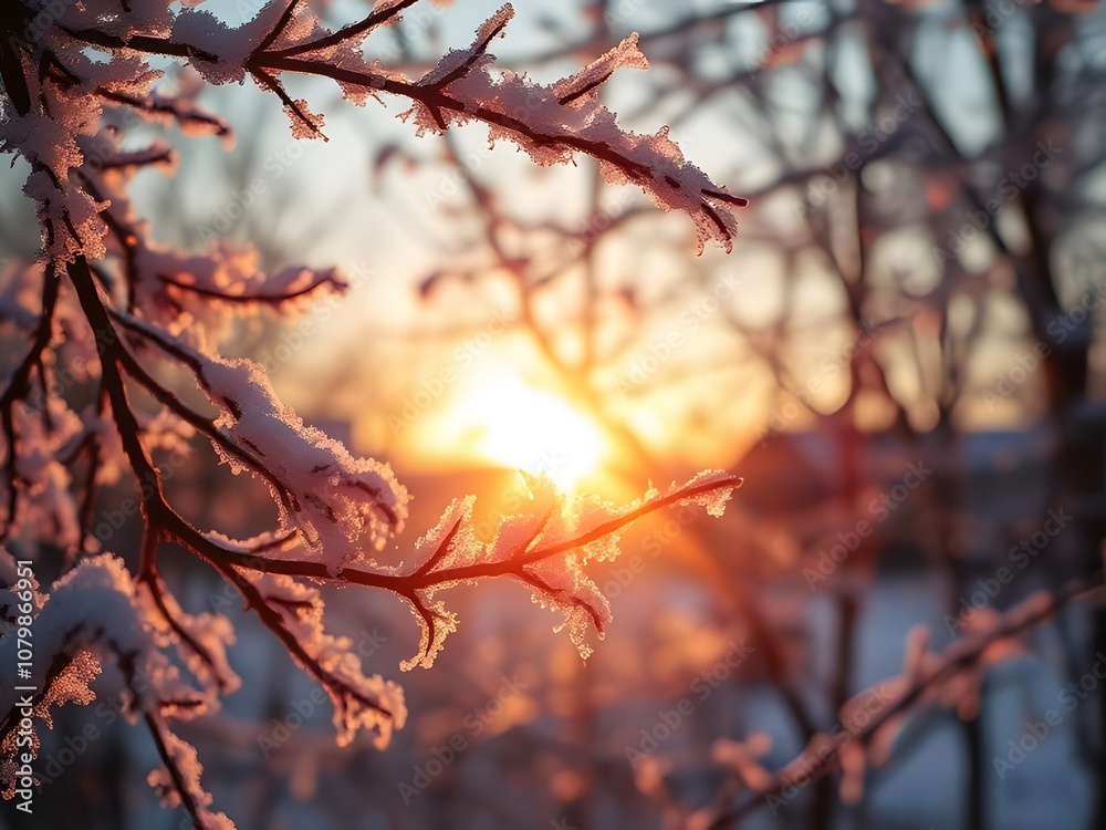 Tranquil Winter Sunrise Through Snow-Covered Branches Tranquil Winter Sunrise Through Snow-Covered Branches