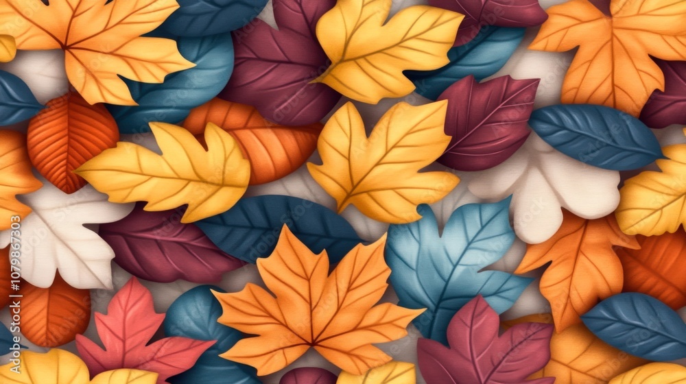A vibrant arrangement of colorful leaves in various shades, ideal for autumn-themed projects, websites, or seasonal marketing materials, Great for backgrounds, print designs, and decor,