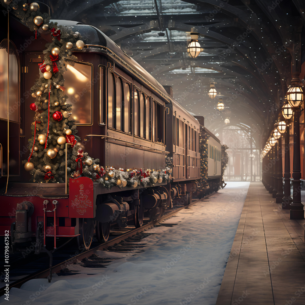 Obraz premium Festive Christmas Train in a Snowy Station