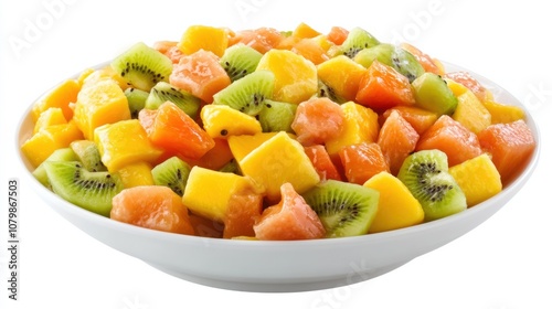 A vibrant bowl of tropical fruit salad with diced mango, papaya, kiwi