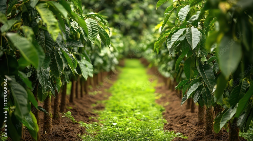 Avocado farm in Peru, organized rows of avocado trees, workers harvesting, vibrant green setup. Avocado farm in Peru, organized rows of avocado trees, workers harvesting, vibrant green setup.