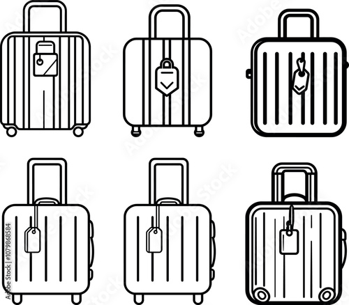 A Collection of Travel Suitcases With Locks, Various Designs and Orientations Displayed