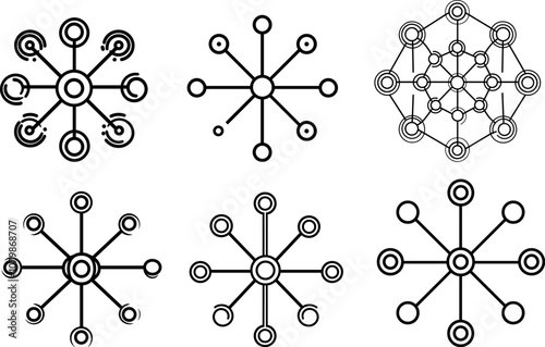 Abstract Black and White Network Designs Showcasing Interconnected Nodes and Lines