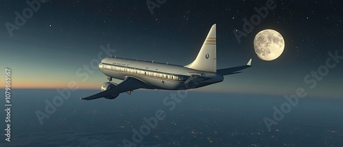 Airplane flying in the night sky with a full moon.