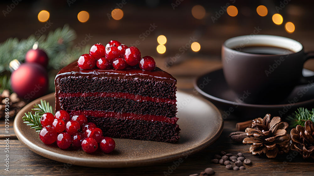 A slice of chocolate cake with red berries on top, placed next to a cup of coffee, creating an indulgent dessert setting.
A slice of chocolate cake with red berries on top, placed next to a cup of coffee, creating an indulgent dessert setting.