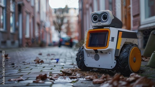 Fototapeta Naklejka Na Ścianę i Meble -  A cleaning robot actively collects garbage along a cobblestone street in a residential area during the afternoon