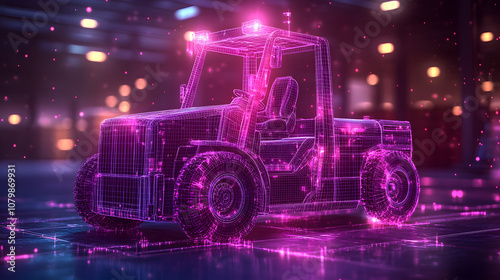 3D wireframe rendering of an industrial forklift with a purple hue, showcasing a detailed design. 