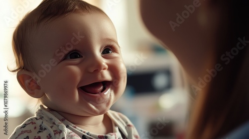 Close-up of the babya??s face smiling and looking at the doctor. photo