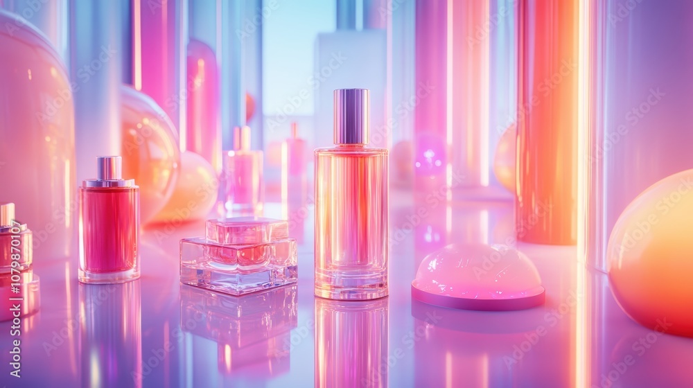 An innovative background demonstrating an AI-driven cosmetics photoshoot, where products like perfumes and makeup are arranged on a futuristic, abstract set.