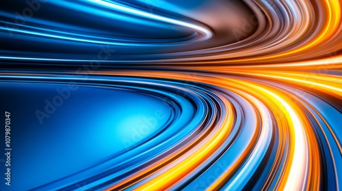 A vibrant swirl of blue and orange lights creates a dynamic, abstract background ideal for technology, innovation, or speed themes in graphic design and marketing materials,