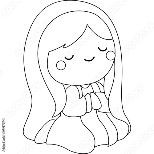 a vector of a girl praying in black and white coloring