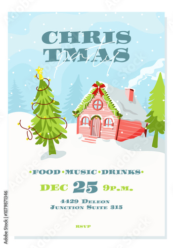 an invitation to a Christmas party with an illustration of winter nature and home.  The invitation template is in a flat style in pink and blue and green colors with a Christmas tree.