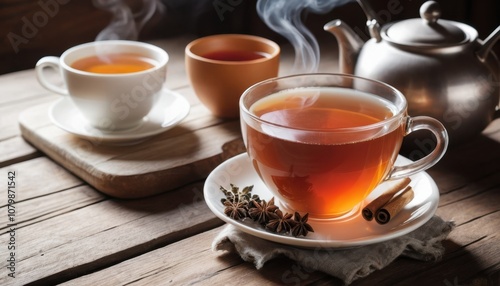 steaming hot cup of tea on a wooden table, cozy home setting, relaxation