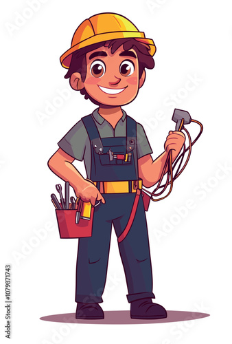 Young Construction Worker Smiling With Tools in Hand, Wearing Safety Gear