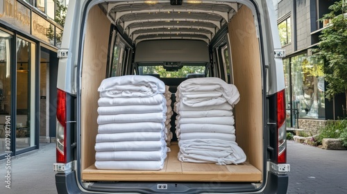 Commercial laundry delivery in Canada, large van delivering clean linens for businesses, organized and efficient.