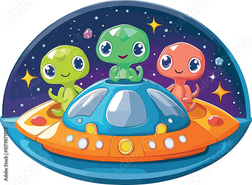 Three Colorful Aliens Joyfully Flying in a Spaceship Through Outer Space at Night