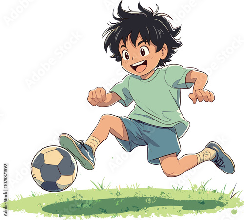 Young Boy Joyfully Playing Soccer on Green Grass During a Sunny Day Outdoors