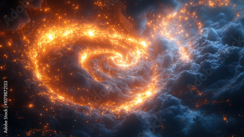 mesmerizing cosmic swirl of fiery orange and deep blue clouds, creating stunning visual of galaxy in motion. vibrant colors evoke sense of wonder and exploration