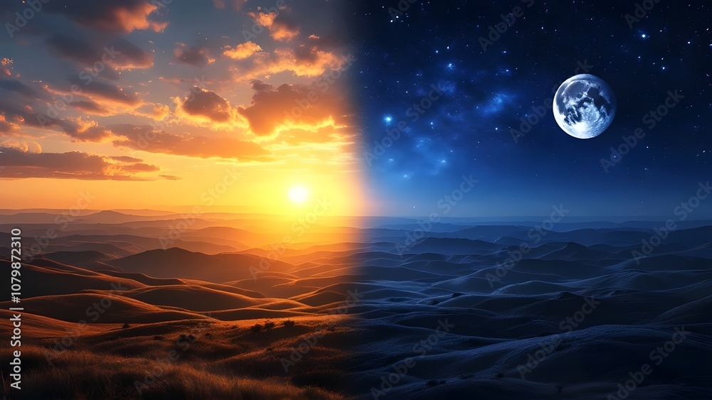 Split Image: Sunset and Moonrise over Rolling Hills: Landscape Split Image: Sunset and Moonrise over Rolling Hills: Landscape
