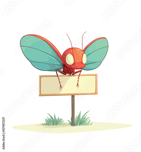 A Colorful Cartoon Insect Perches on a Blank Sign in a Whimsical Landscape