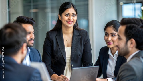 An Indian businesswoman conducting a workshop with team members on a business project. 