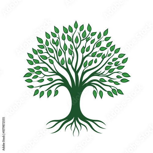 A Vibrant Green Tree With Leaves Showcasing Intricate Branches and Roots