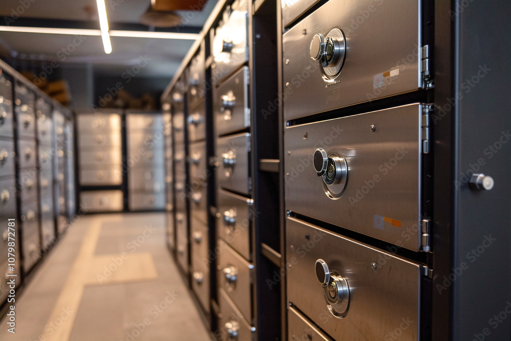 Secure bank vault room with rows of safe deposit boxes, showcasing high security and reliable storage. Secure bank vault room with rows of safe deposit boxes, showcasing high security and reliable storage.