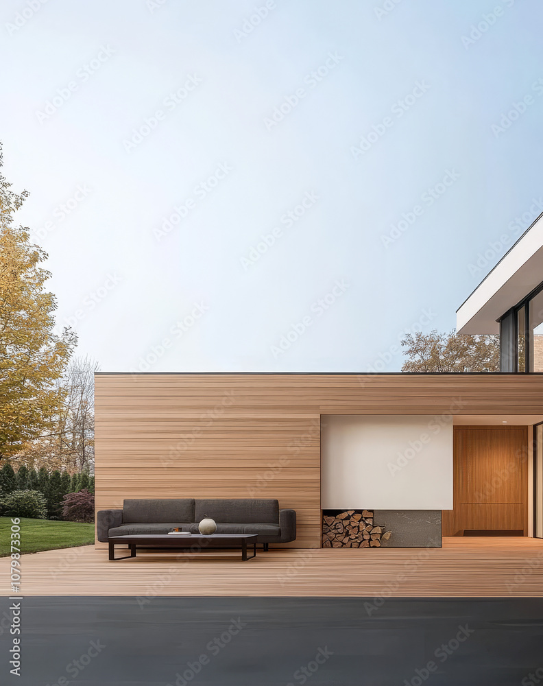 Modern wooden house exterior with outdoor seating and landscaped garden in daytime Modern wooden house exterior with outdoor seating and landscaped garden in daytime