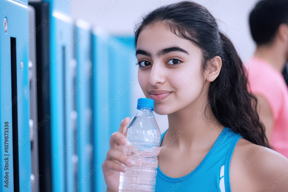 Arabian woman holding health drink in exercise, gym locker background Arabian woman holding health drink in exercise, gym locker background