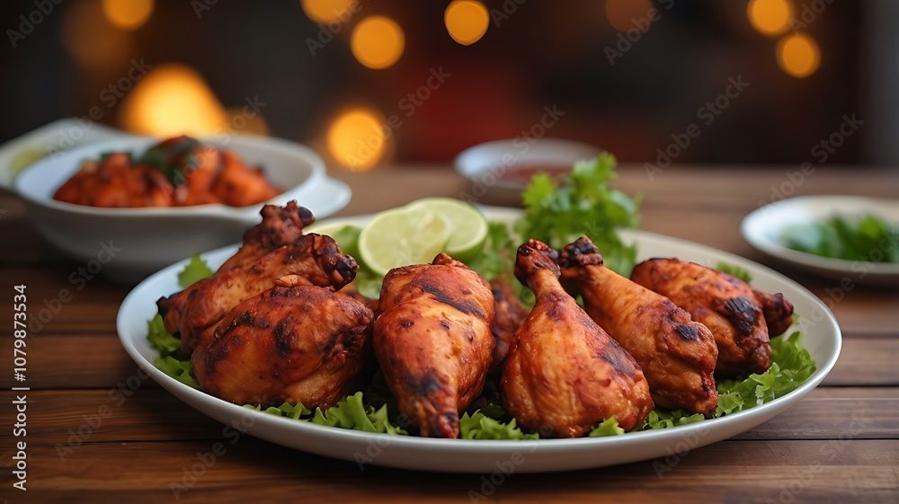 Delicious tandoori chicken in plate on wooden table