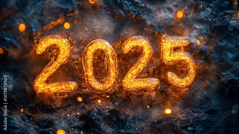 The year 2025 in glowing lights on a dark background. The year 2025 in glowing lights on a dark background.