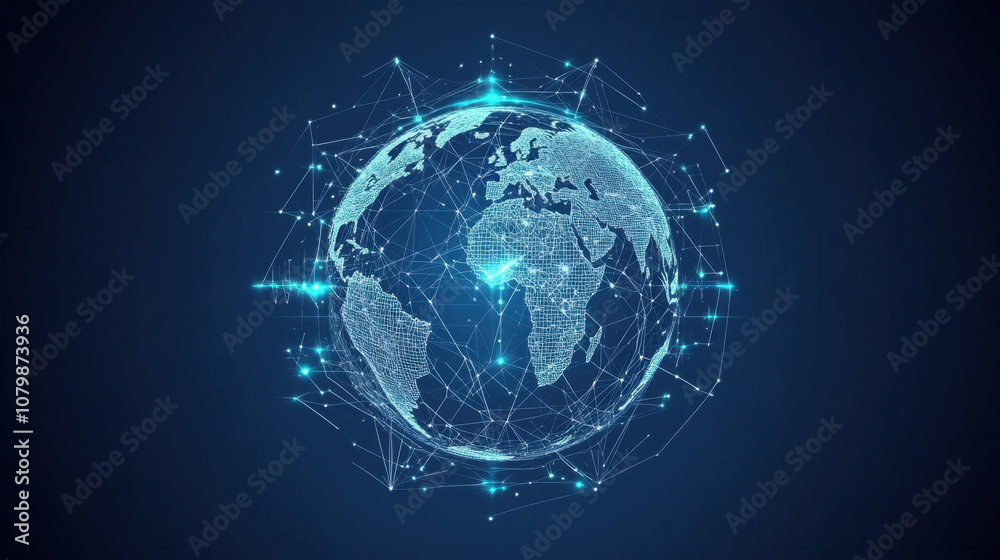 Digital globe with interconnected lines representing global network, showcasing technology and communication. vibrant blue background enhances modern feel of this abstract representation Digital globe with interconnected lines representing global network, showcasing technology and communication. vibrant blue background enhances modern feel of this abstract representation