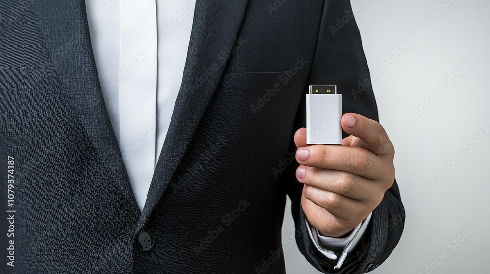 Businessman Holding USB Drive on White Background