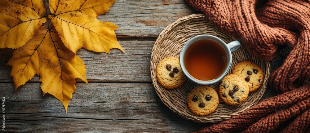 Autumnal setting with cup of tea, cookies, and fall leaf on wooden surface. Autumnal setting with cup of tea, cookies, and fall leaf on wooden surface.