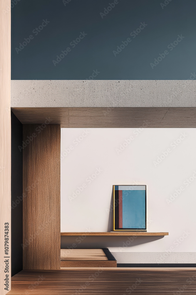 Minimalist interior design featuring a wooden shelf and abstract artwork in contemporary space Minimalist interior design featuring a wooden shelf and abstract artwork in contemporary space