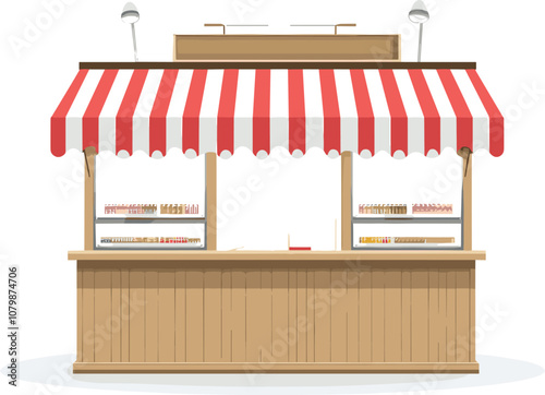 Colorful Market Stall With Red and White Striped Awning in a Sunny Outdoor Setting