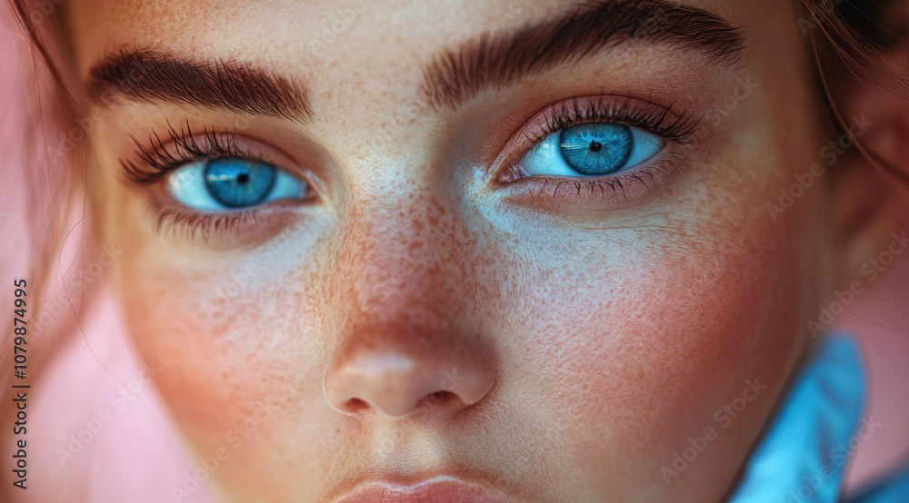 Obraz premium Close up of a woman's face with freckles and blue eyes.