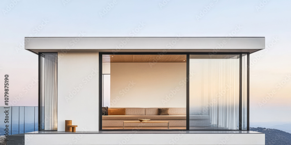 Modern architectural design of a minimalist house with panoramic views during sunset
