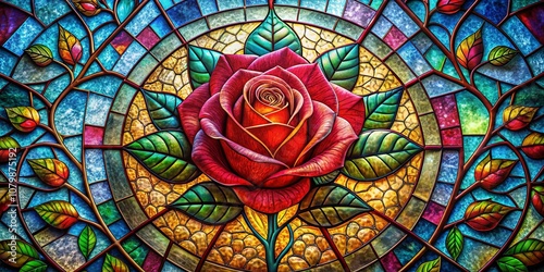 A vibrant stained glass window depicting a single rose, with a circular frame of golden and blue hues, and intricate details on each petal and leaf.
