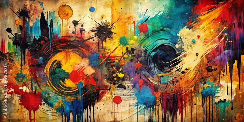 Obraz premium Abstract Expressionist Painting with Bold Colors and Dripping Strokes on a Textured Canvas