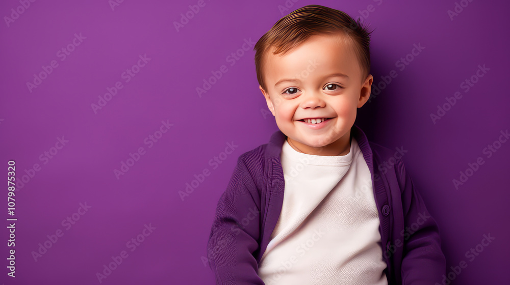 Portrait of smiling laughing boy child with Down syndrome purple background. Portrait of smiling laughing boy child with Down syndrome purple background.