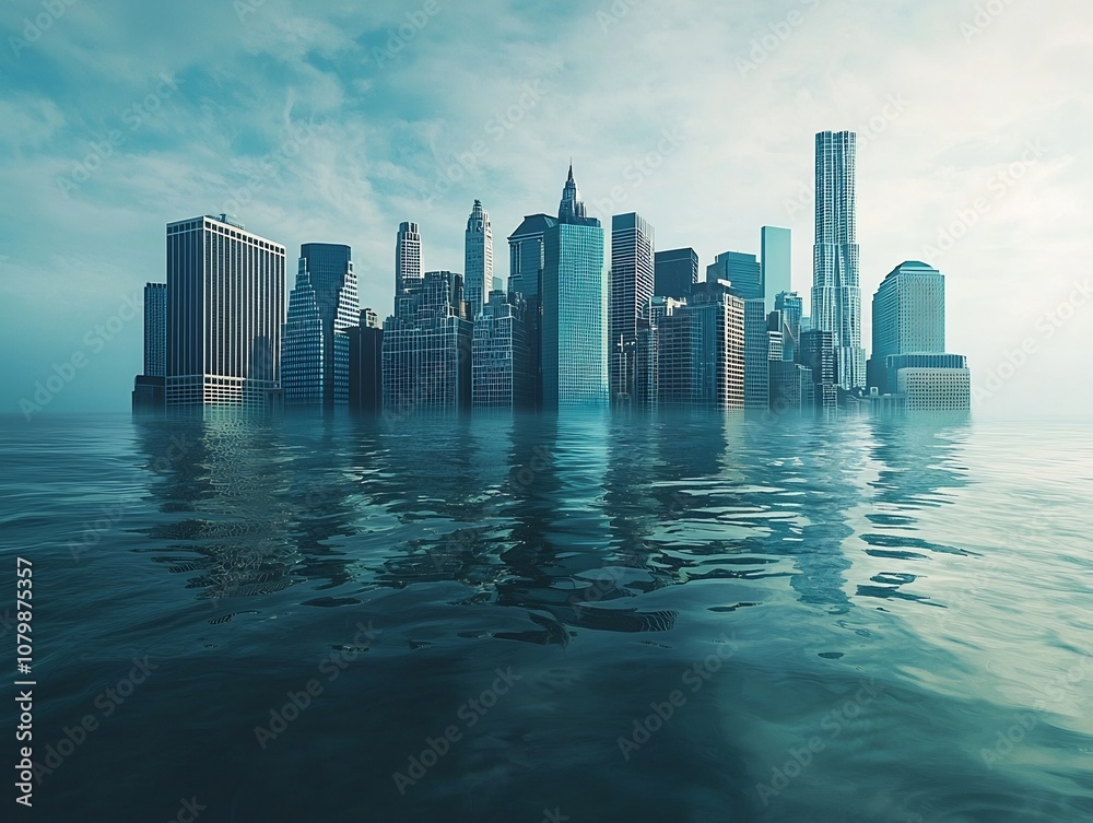 Fototapeta premium Partially Submerged City Skyline Reflecting on Rising Seas