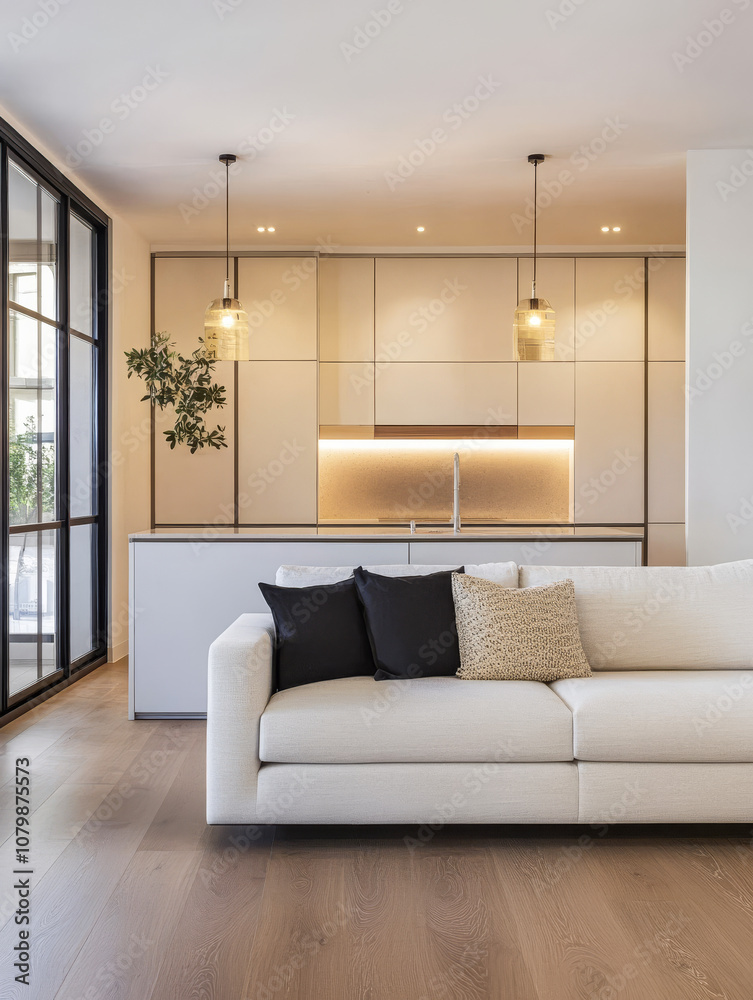 Fototapeta premium Modern living room with a cozy sofa and stylish kitchen in a bright contemporary space