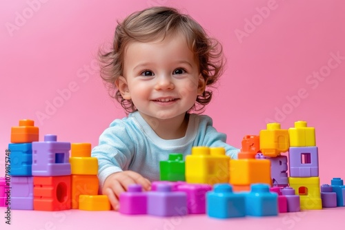 A smiling child playing with colorful building blocks on a pink background.