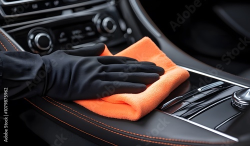 A person wearing black gloves is cleaning the interior of an expensive car with an orange microfiber cloth, close-up view of the hand 